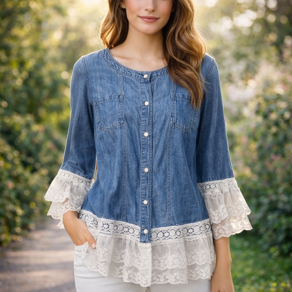 JACKET TOP BLOUSE Denim Unbranded with Lace Trim Front Buttons 2 Pockets Sz Lrg - Picture 14 of 14